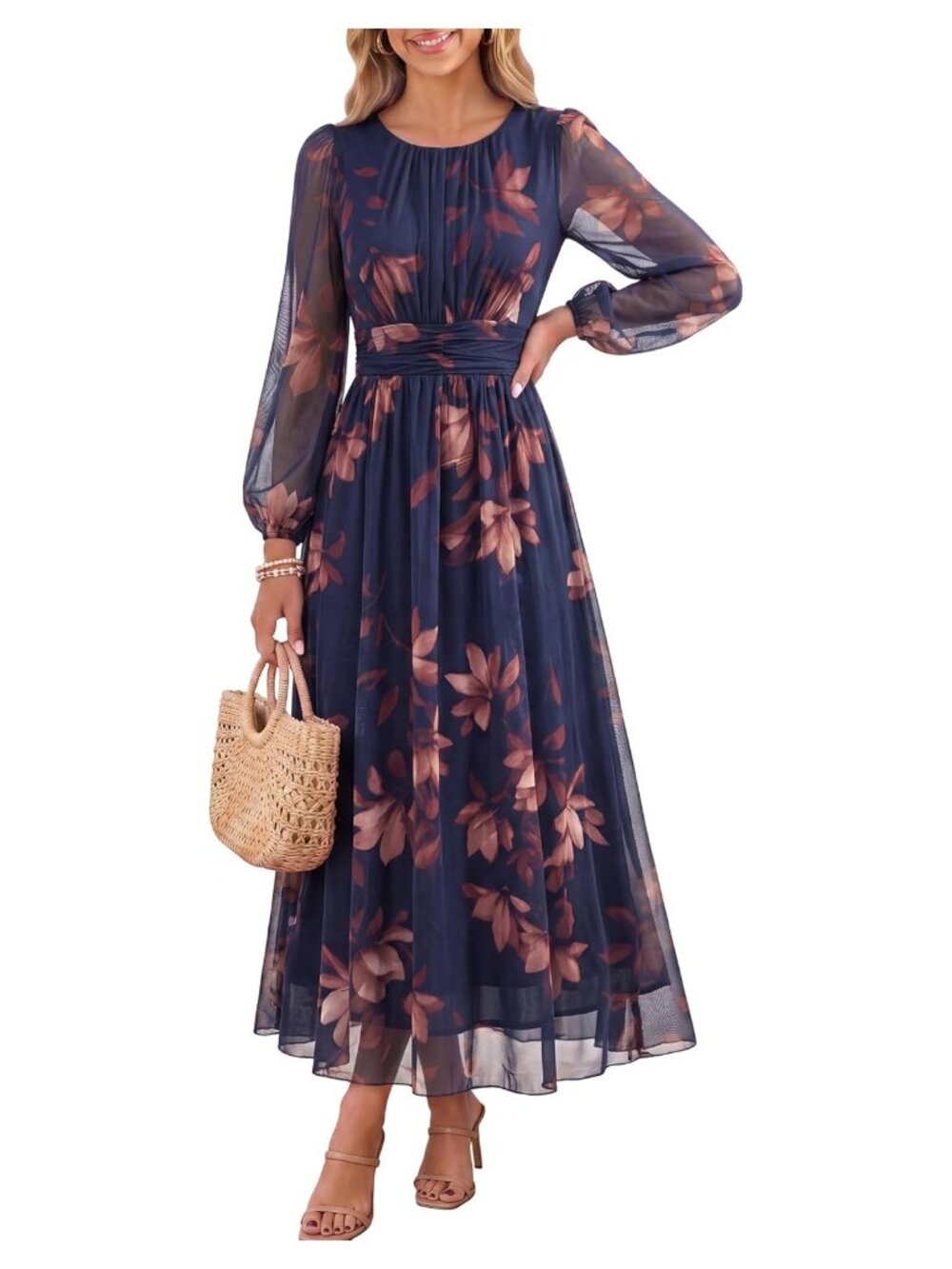 Women's Tulle Maxi Dress Puff Long Sleeve Wedding Guest Floral A-Line
